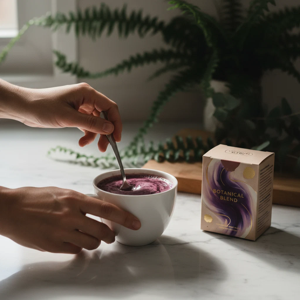 Hands preparing a morning supplement drink - coffee booster supplement morning routine